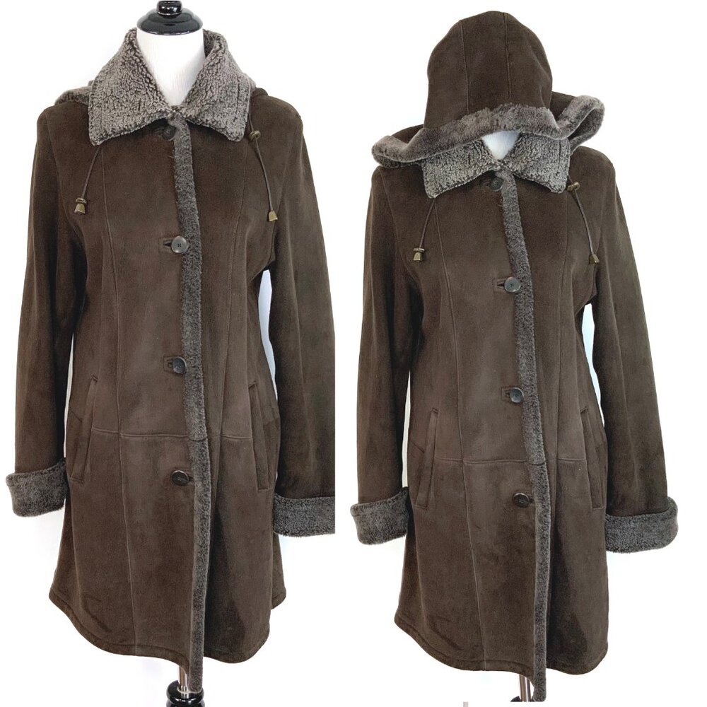 Marco Gianotti Macy's Brown Genuine Sherling Hooded Coat Sz 8